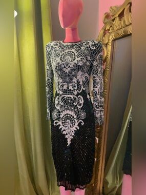 Black and White Beaded Long-Sleeve Evening Dress